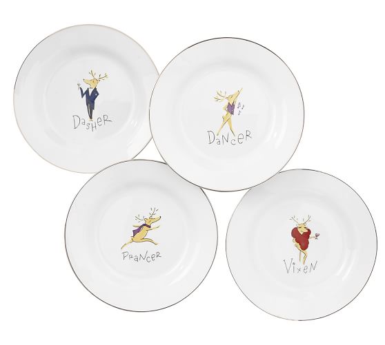 Santa\'s Reindeer Dinner Plate, Mixed Set of 4 | Pottery Barn Santa\'s Reindeer Dinner Plate, Mixed Set of 4 | Pottery Barn