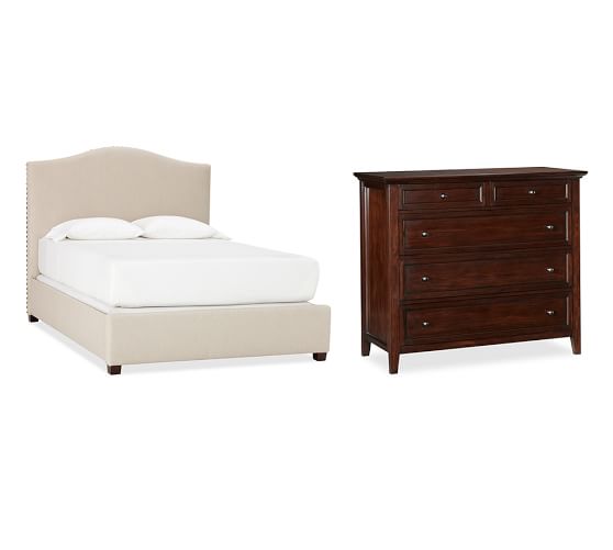 Raleigh Upholstered Camelback Tall Bed with Nailhead & Hudson Dresser