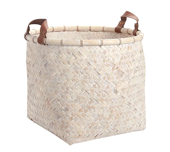 Whitewashed Basket with Leather Handles Pottery Barn