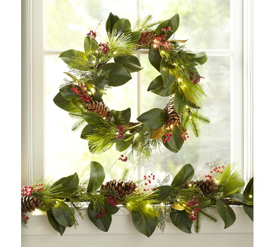 Lit Faux Magnolia & Red Berry Garland Pottery Barn