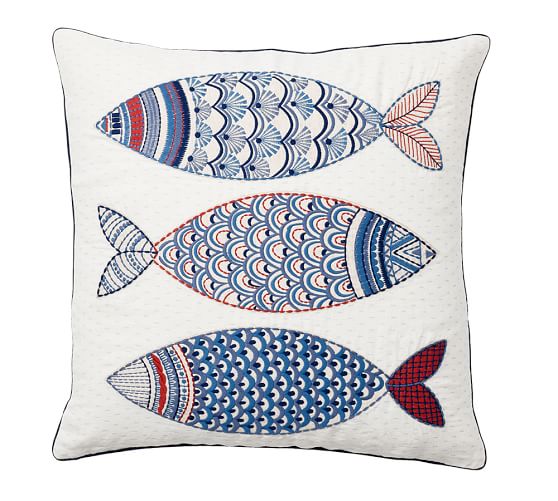 3 Fish Embroidered Pillow Cover Pottery Barn