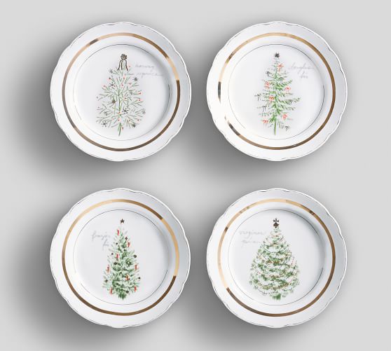 Vintage Christmas Tree Appetizer Plate, Mixed Set of 4 Pottery Barn