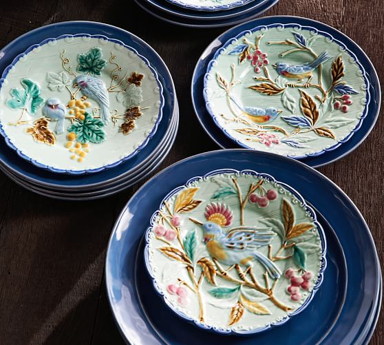 Majolica Bird Salad Plate, Mixed Set of 4 Pottery Barn