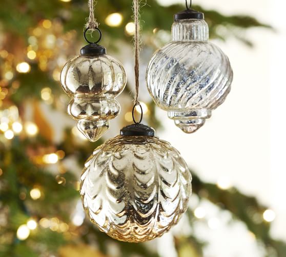 Eclectic Mercury Glass Ornaments Champagne & Silver, Set of 3