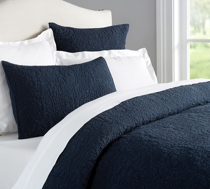 Belgian Flax Linen Fl Stitch Quilt Sham Midnight Pottery Barn