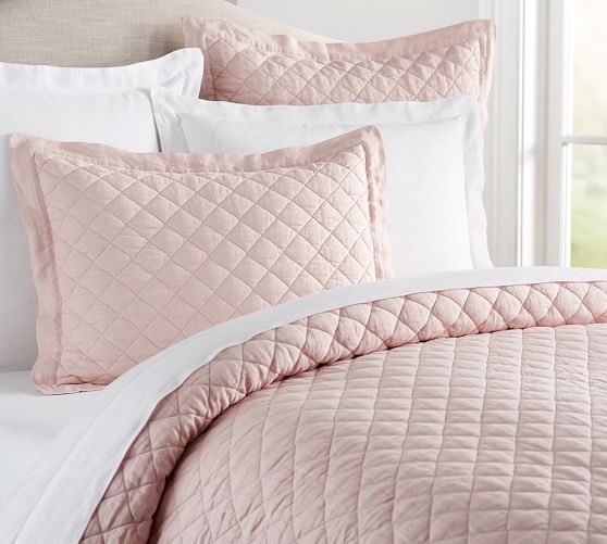 Belgian Flax Linen Diamond Quilt & Sham Soft Rose Pottery Barn