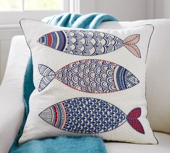 3 Fish Embroidered Pillow Cover Pottery Barn