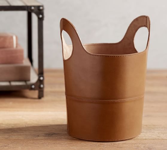 Hayes Cognac Leather Trash Can Pottery Barn