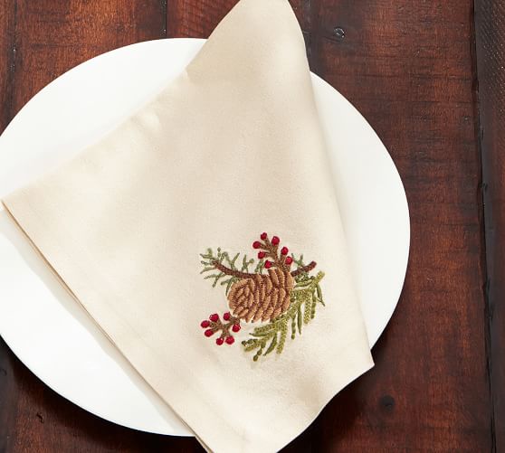 Pinecone & Berry Embroidered Napkin, Set of 4 Pottery Barn