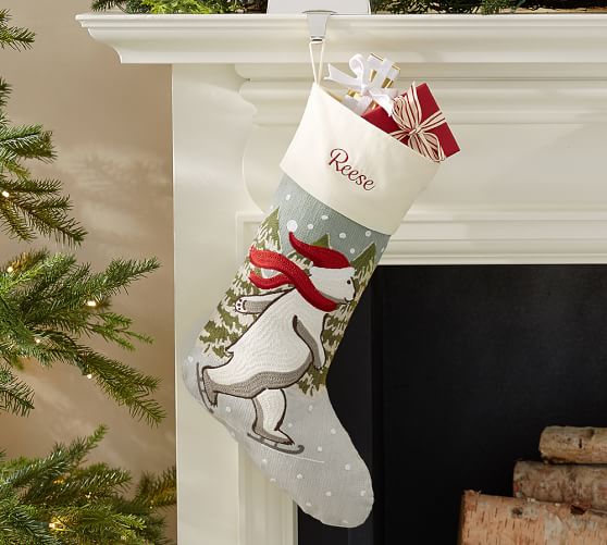 Ice Skating Polar Bear Crewel Embroidered Stocking Pottery Barn