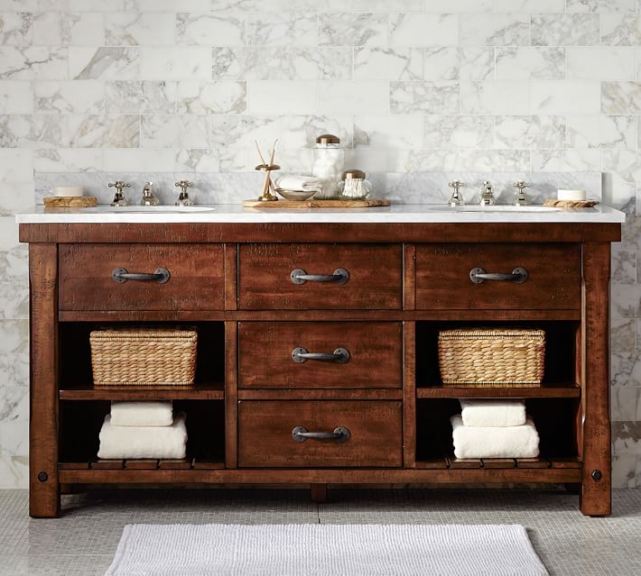 Benchwright Double Sink Vanity Rustic Mahogany Finish Pottery Barn