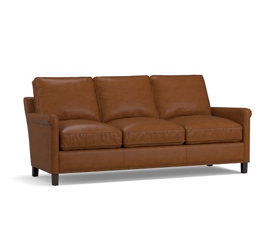 Tyler Leather Roll Arm Sofa Collection With Nailheads Pottery Barn