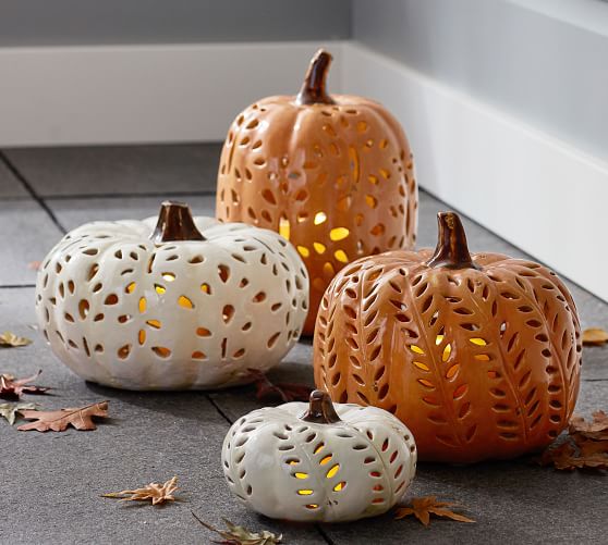 Punched Ceramic Pumpkin Candleholders | Pottery Barn