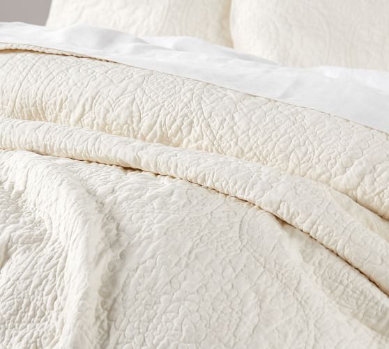 Belgian Flax Linen Floral Stitch Quilt & Sham Ivory Pottery Barn