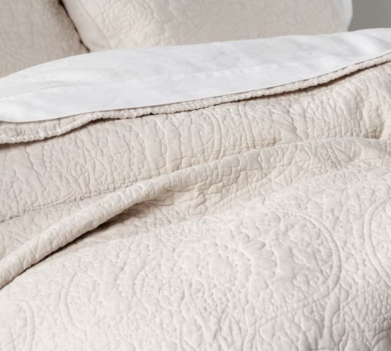 Belgian Flax Linen Floral Stitch Quilt & Sham Natural Pottery Barn