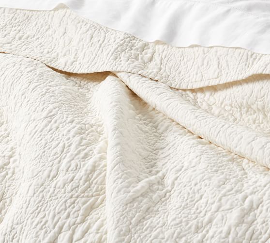 Belgian Flax Linen Floral Stitch Quilt & Sham Ivory Pottery Barn