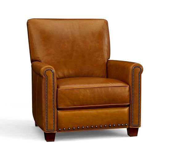 Recliners Leather Swivel Chairs Pottery Barn Irving Roll Arm Leather Recliner With Nailheads
