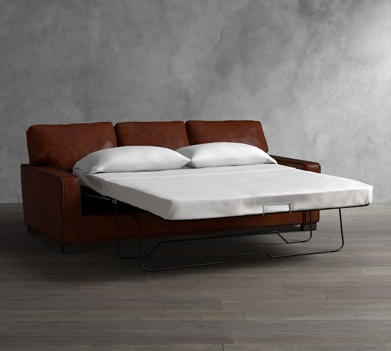 Turner Square Arm Leather Sleeper Sofa with Nailheads Pottery Barn