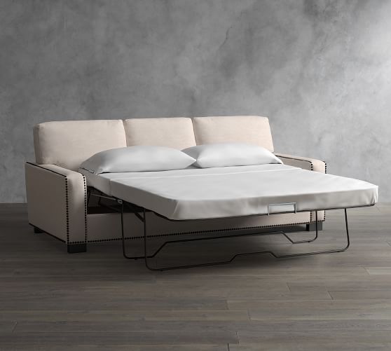 Turner Square Upholstered Sleeper Sofa with Memory Foam Mattress and Bronze Nailheads Pottery Barn