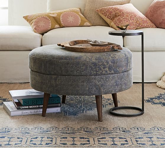Jade Upholstered Round Ottoman Pottery Barn