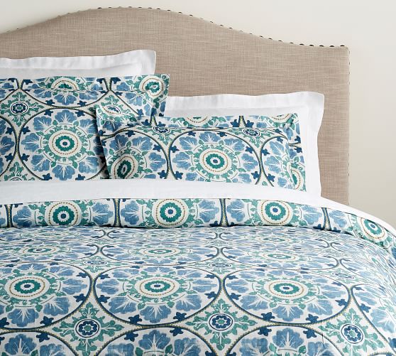 Blue Multi Veronica Medallion Organic Percale Patterned Duvet Cover