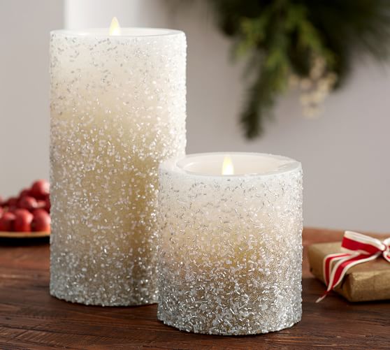 Flicker Flameless Wax Pillar Candle Silver Beaded Pottery Barn