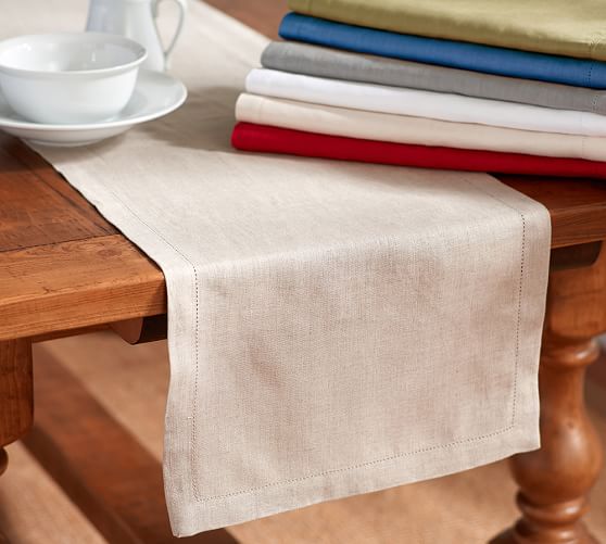 PB Classic Belgian Flax Linen Hemstitch Table Runner Pottery Barn