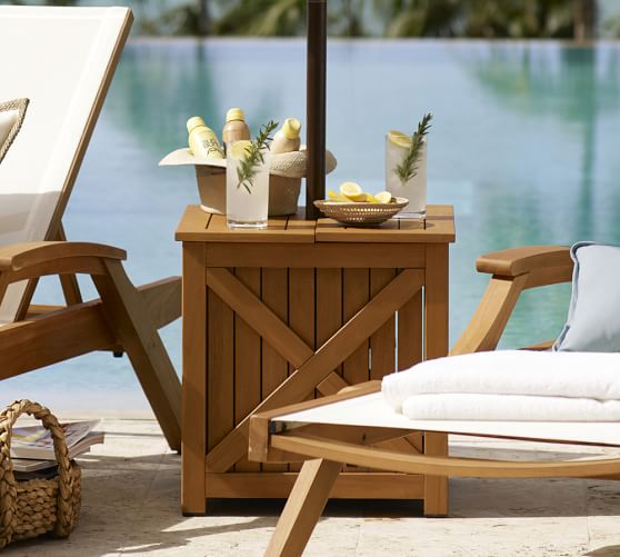Hampstead Teak Umbrella Stand Outdoor Side Table Honey Pottery Barn Hampstead Teak Umbrella Stand Side Table Honey