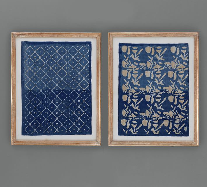 framed blue textile art