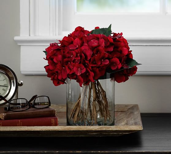 Faux Red Hydrangea Arrangement In Gl Vase Pottery Barn Roll Over Image To Zoom