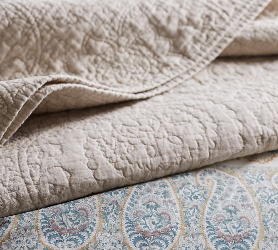 Belgian Flax Linen Floral Stitch Quilt & Sham Natural Pottery Barn