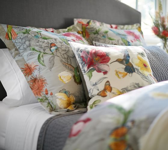 Hummingbird Reversible Percale Patterned Duvet Cover & Sham Pottery Barn