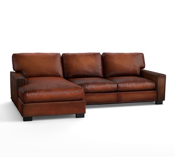 Turner Square Arm Leather Sofa With Chaise Sectional Nailheads Turner Square Arm Leather Sofa With Chaise Sectional Nailheads
