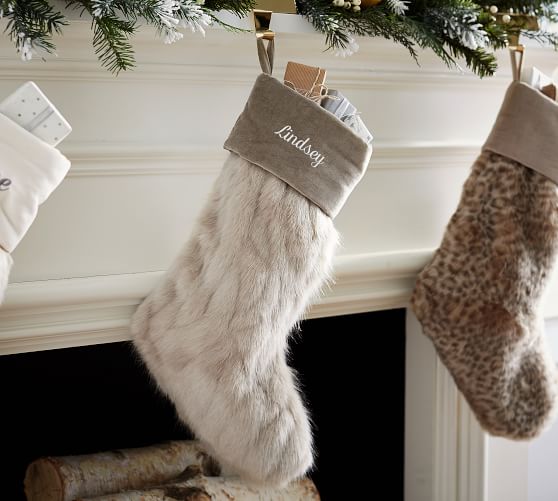 faux fur stocking with velvet cuff pottery barn