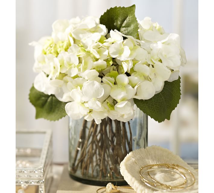 Faux White Hydrangea Arrangement In Gl Vase Pottery Barn