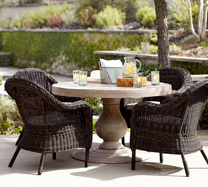 Geneva Concrete Round Dining Table Torrey Roll Arm Chair Set Geneva Concrete Round Dining Table Torrey Roll Arm Chair Set Espresso Pottery Barn