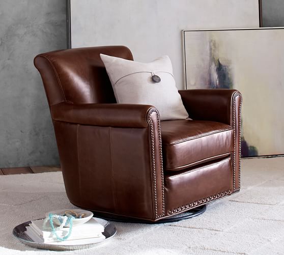 Irving Roll Arm Leather Swivel Armchair With Nailheads Pottery Barn Start 360 Product Viewer