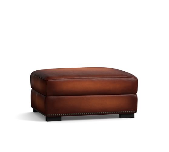 Turner Leather Ottoman With Nailheads Pottery Barn Turner Leather Ottoman With Nailheads