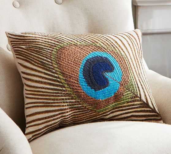 Peacock Feather Embroidered Lumbar Pillow Pottery Barn