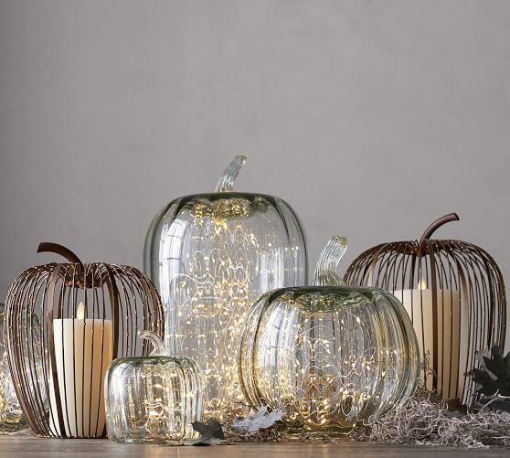 Beaded Wire Pumpkin Hurricane - Weathered Metal | Pottery Barn