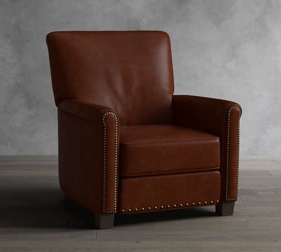 Irving Roll Arm Leather Recliner with Nailheads Pottery Barn