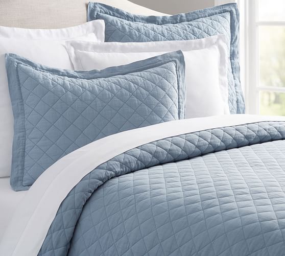 Belgian Flax Linen Diamond Quilt & Sham Chambray Pottery Barn