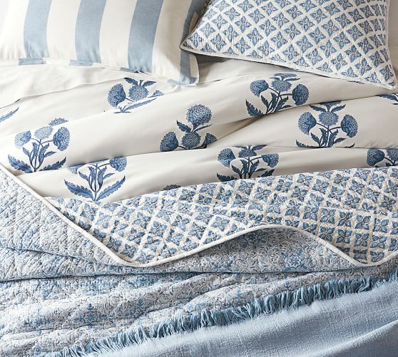 Blue Annelyse Floral Print Organic Percale Patterned Duvet Cover & Sham