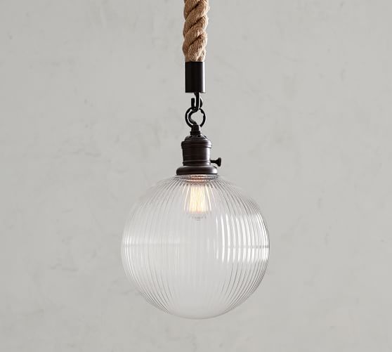 PB Classic Rope Pendant Ribbed Glass Globe Pottery Barn