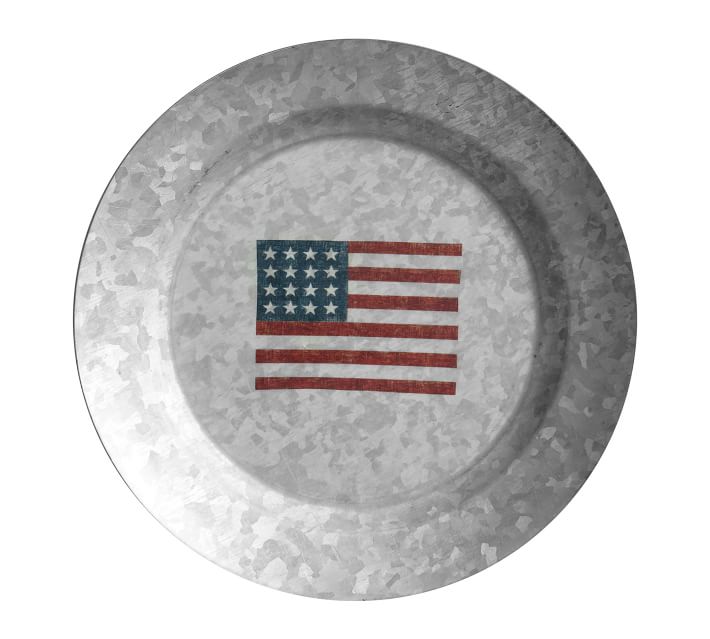 Galvanized American Flag Salad Plate - Come be inspired by 4th of July Tablescapes, Patriotic Decor & USA Finds: Happy Birthday, America in case you're in the mood for American flag and red, white, and blue festive finds.