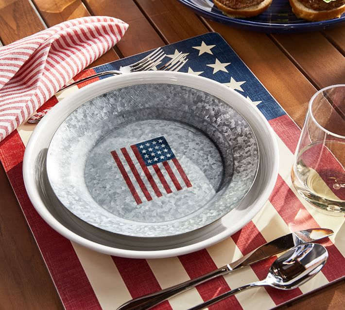 Galvanized American Flag Salad Plate - Come be inspired by 4th of July Tablescapes, Patriotic Decor & USA Finds: Happy Birthday, America in case you're in the mood for American flag and red, white, and blue festive finds.