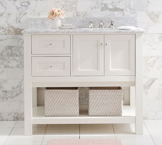 Pottery Barn Style Bathroom Vanity .Pottery Barn vanity with marble top, storage shelves and