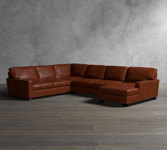 Turner Square Arm Leather 4Piece Chaise Sectional With Nailhead