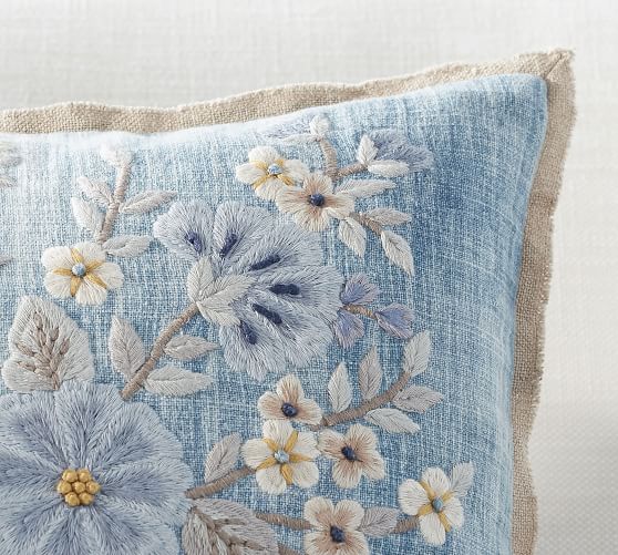 Denim Floral Embroidered Decorative Pillow Cover Pottery Barn