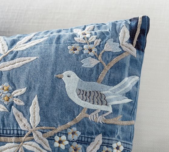 Denim Floral Embroidered Decorative Pillow Cover Pottery Barn